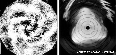The triangular shape identified by the Concordia team (right) can be discerned in the image of the galaxy on the left. Similar patterns are identified in tornadoes and hurricanes.